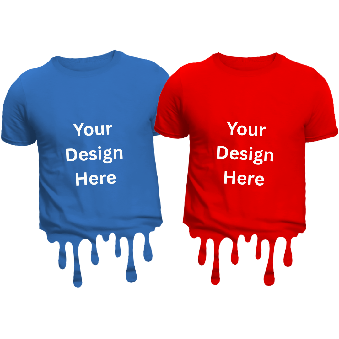 A blue and red T-shirt with the inscription 'Your Design Here' in the middle of each